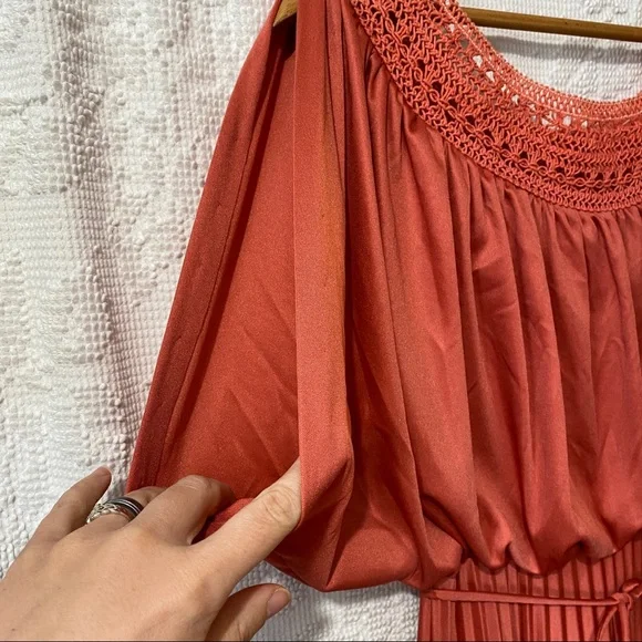 Vintage 70's Pleated Maxi Dress Off the Shoulder Sleeve Crochet Trim Satin - Picture 8 of 16